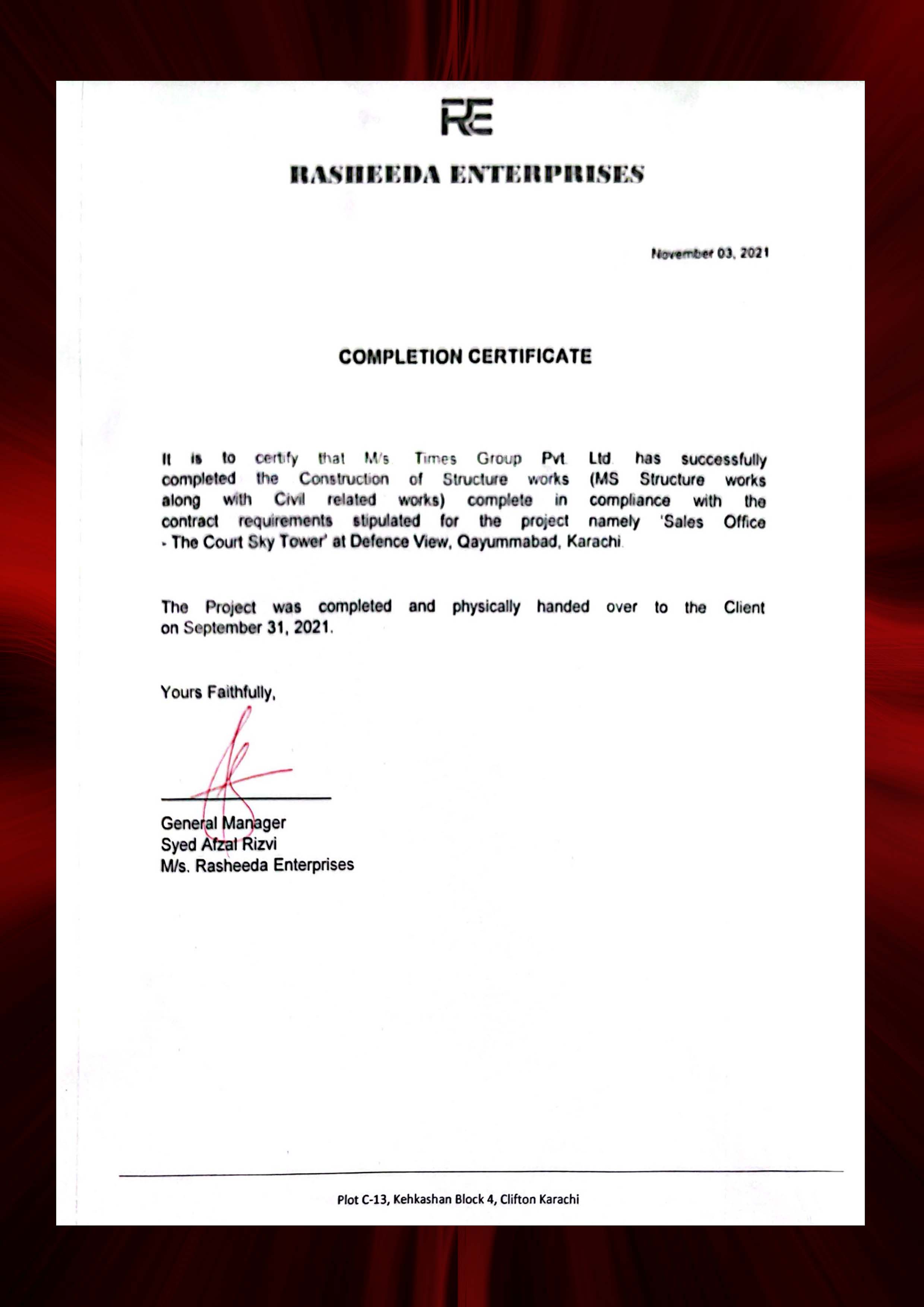Landmark Enterprises structure works certificate